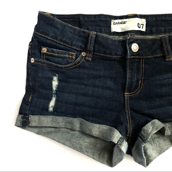 GARAGE | DISTRESSED DARK STRETCH DENIM SHORTS - Picture 1 of 8